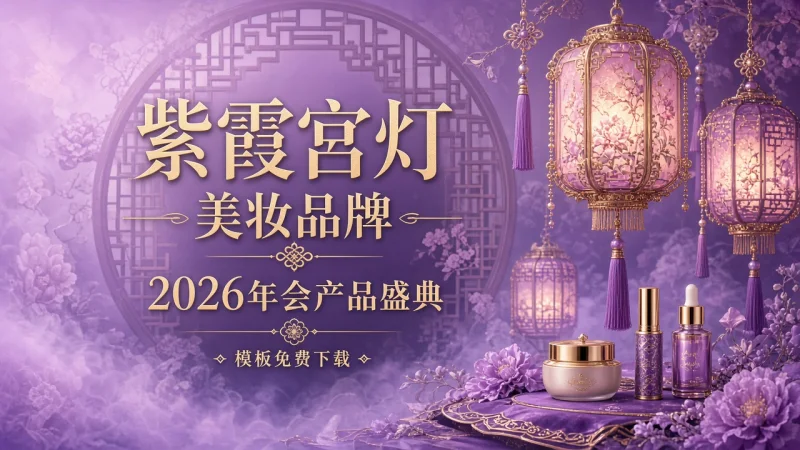 紫霞宫灯美妆品牌 2026年会产品盛典 PPT 模板免费下载
